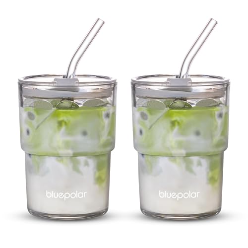 BLUEPOLAR Wasserbecher aus Glas mit Strohhalm und Deckel, versiegelt, dickwandig, Eiskaffeetasse, Glasbecher für Wasser, Eistee, Fruchtsaft usw. (Aurora-Weiß, 2 Stück) von BLUEPOLAR