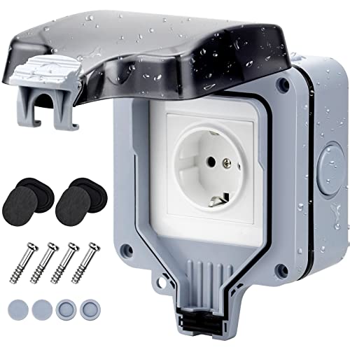 1-Fach Außensteckdose Steckdose Aussensteckdose Wasserdicht IP66 Gartensteckdose Aufputz Schutzkontakt Wetterfest Outdoor Wandsteckdose für Aussenbereich Feuchtraum Schwimmbad Garten von BLUESEABUY