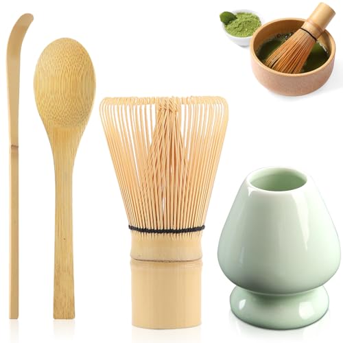 BLUESEABUY Matcha Set 4-Teiliges Set Japanisches Matcha Set mit 2 Matcha Löffel 1 Besen Halter 1 Bambus Matcha Besen 80-100 Borsten von BLUESEABUY