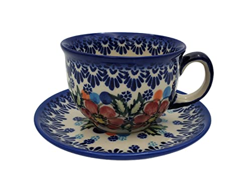 BLUESTAMP Bunzlauer Keramik Handbemalte Tasse mit Untertasse 200 ml, Dekor FS-098 von BLUESTAMP