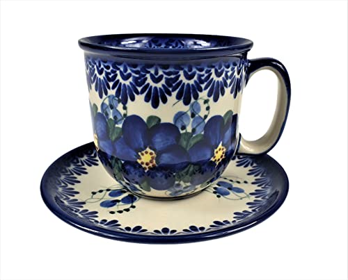 BLUESTAMP Bunzlauer Keramik Handbemalte Tasse mit Untertasse 280 ml, Dekor FB-003 von BLUESTAMP