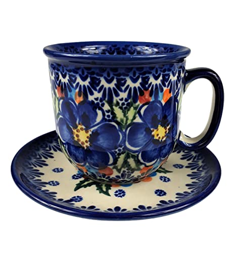 BLUESTAMP Bunzlauer Keramik Handbemalte Tasse mit Untertasse 280 ml, Dekor FB-097 von BLUESTAMP