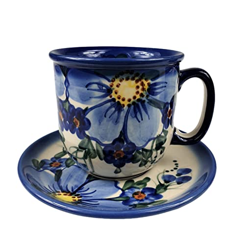 BLUESTAMP Bunzlauer Keramik Handbemalte Tasse mit Untertasse 280 ml, Dekor FB-ART. von BLUESTAMP