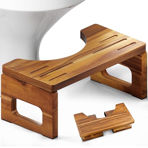 BLUEWEST Faltbarer Toilettenhocker, Akazienholz Kothocker für Töpfchentraining, 17,8 cm rutschfeste Badezimmerstufe mit zusammenklappbarem Design für Erwachsene von BLUEWEST