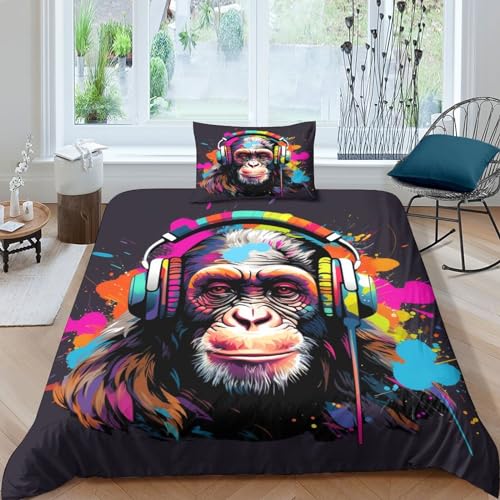 BLUEZY DJ AFFE Bettwäsche 3D Kreative Bettbezug Set 2 Teilig Cooler Rap Bettbezüge Mikrofaser Mit Reißverschluss Und Kissenbezug Für Erwachsene Teenager Kinder Single（135x200cm） von BLUEZY