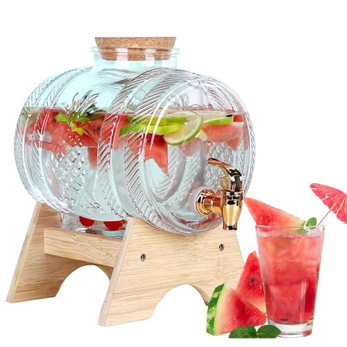 BLUEZY Glas Wasserspender Mit Zapfhahn Ständer, Glasbehälter Mit Zapfhahn, Wasser Spender, Auslaufsicher, Klare Glasdosen, Holzkappen, Getränkespender Für Büro, Camping, Saft Getränke Behälter 3L von BLUEZY