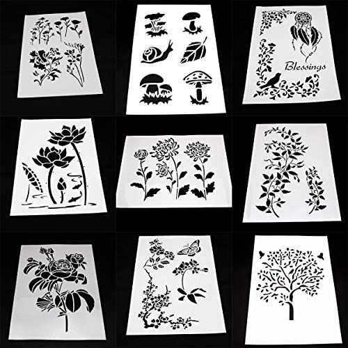 BLUGUL 9 Stück A4 Schablonen, Zeichenschablonen, für Wand Boden Fliesen Holz Stoff Möbel, Baum Blume Rebe Lotus Pilz BLUGUL 9 Stück A4 Schablonen, Zeichenschablonen, für Wand Boden Fliesen Holz Stoff Möbel, Baum Blume Rebe Lotus Pilz von BLUGUL