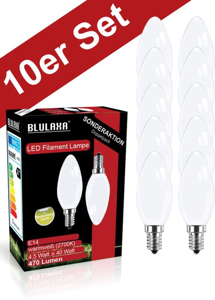 BLULAXA LED-Filament Retro Multi, E14, 10 St., Warmweiß, 10er-Set, Promotion-Pack Kerzenform, Filament, opal von BLULAXA