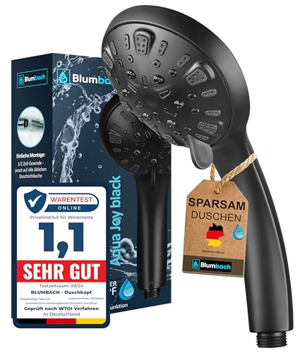 BLUMBACH® Duschkopf schwarz wassersparend - Hochdruck Duschkopf Aqua Joy - 8 Strahlarten, Duschbrause druckerhöhend, Brausekopf, wassersparender Sparduschkopf, hoher Wasserdruck starker Strahl von BLUMBACH