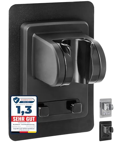 BLUMBACH® Duschkopfhalterung ohne Bohren - DAS ORIGINAL - Duschhalterung kleben statt Bohren - Neigung verstellbar, schwarz, Duschkopf Halterung, Shower head holder mit extra starkem Klebepad von BLUMBACH