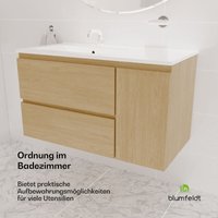 90 cm Waschbeckenunterschrank mit Keramikwaschbecken - Badezimmerschrank in Ulmen-Optik, Moderner Schrank mit Waschtisch fur stilvolle von BLUMFELDT