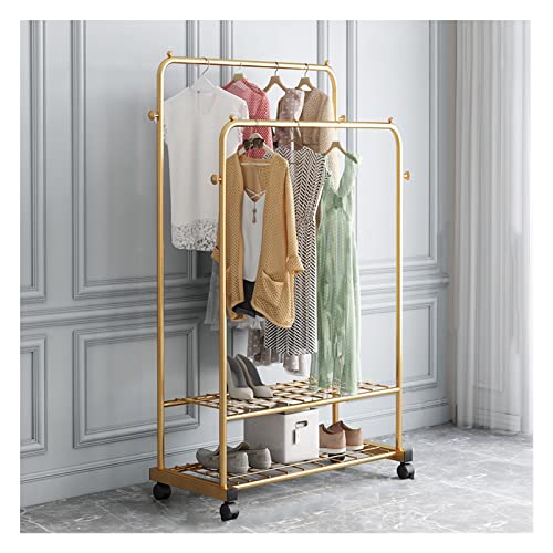 Doppelschienen-Kleiderständer Mit 2-stufigen Regalen Doppelte Kleiderstange Mit Rädern Heavy Duty Edelstahlbeschichtetes Rohr Für Home Shop Storage Display Max. Belastung 75 Kg ( Color : Gold , Size : von BLUNOA