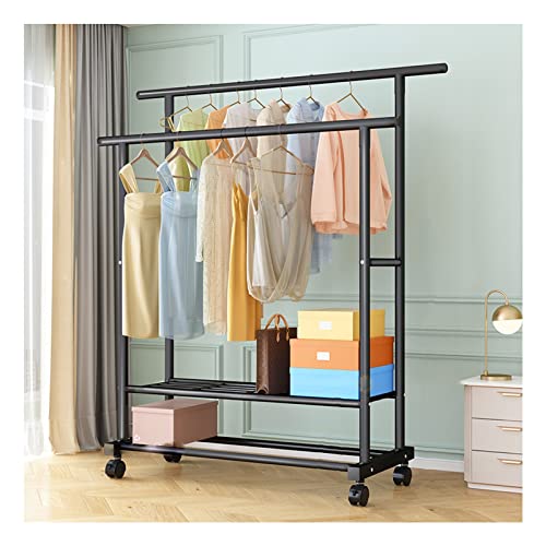 Doppelstangen Kleiderschienen Großer Kleiderwagen aus Metall Robuster Kleiderständer zum Aufhängen Freistehender Kleiderbügel mit 4 Rädern für Flur Schlafzimmer Eingang und Geschäft (Color : Black, von BLUNOA