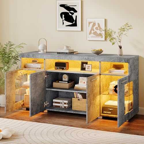 BLUON HOME 140 x 40 x 70 cm Zement Finish Sideboard – Moderner hochglanzender Seitenschrank mit LED-Beleuchtung, Seitenschrank aus gehärtetem Glas mit 3 Fächern von BLUON HOME