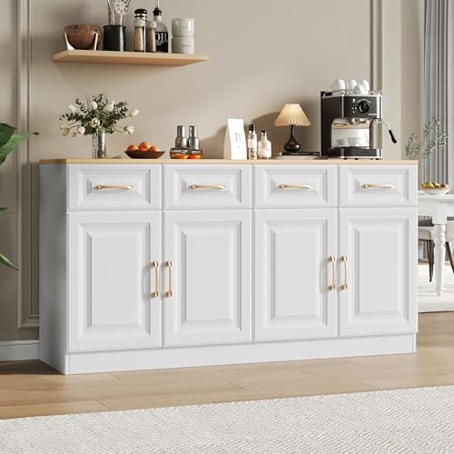 BLUON HOME 140cm Moderner Bauernhaus Sideboard Buffet Schrank - Kaffeebar Schrank mit 4 Schubladen und 4 Scheunentüren,Esszimmer oder Wohnzimmer - Weißes Holz Finish von BLUON HOME