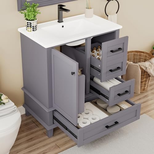 BLUON HOME 76x46x83,5cm Bodenstehender Badezimmerschrank mit Waschbecken, Waschtisch, Volllackierung, Türregal, DREI geräuschlose Schubladen, integriertes Keramikwaschbecken, Grau von BLUON HOME