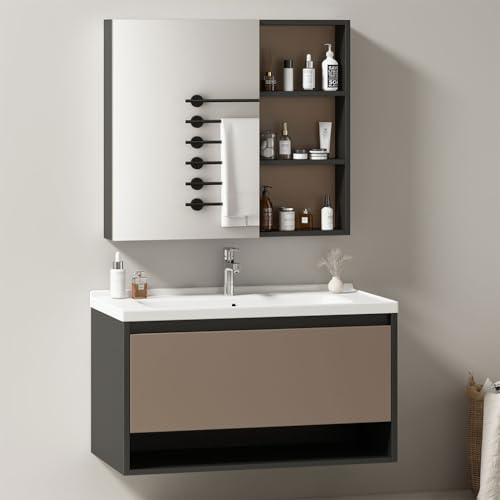 BLUON HOME Badezimmer Badmöbel Set Waschbeckenunterschrank hängend 90cm breit,mit Keramikwaschbecken,Schubladen,Spiegelschrank,hellgrau von BLUON HOME