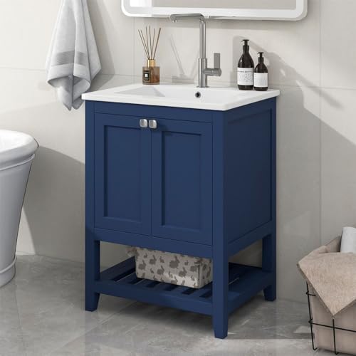 BLUON HOME Badmöbel Einzel Waschtisch mit Unterschrank 60cm mit Keramik-Waschbecken,blau von BLUON HOME