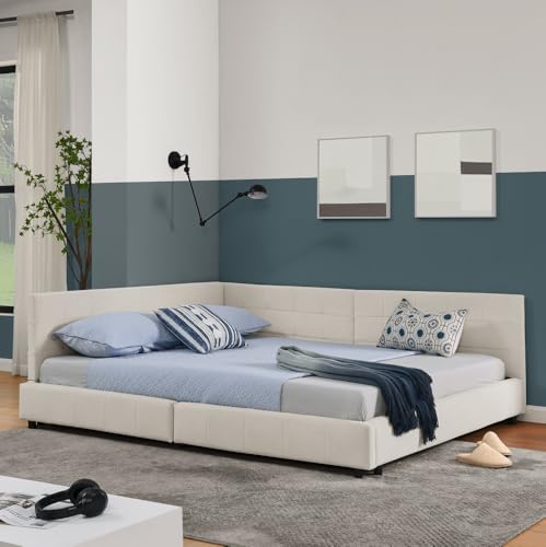 BLUON HOME Doppelbett 140 * 200 cm mit Polsterung, weiches hautfreundliches Samt, L-förmiges Eckbettgestell, robuste Eukalyptus- und Eisenlatten, einfach zu montieren, Beige (ohne Matratze) von BLUON HOME