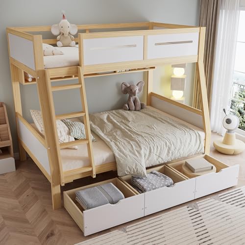 BLUON HOME Etagenbett, Kinderbett, DREI Schubladen mit Rollen, 2m Bilderbuchständer, Sichere vierseitige Umzäunung und Trittleiter, Kiefer + MDF + Sperrholz, Weiß+Natur, 90x200cm&120x200cm BLUON HOME Etagenbett, Kinderbett, DREI Schubladen mit Rollen, 2m Bilderbuchständer, Sichere vierseitige Umzäunung und Trittleiter, Kiefer + MDF + Sperrholz, Weiß+Natur, 90x200cm&120x200cm von BLUON HOME