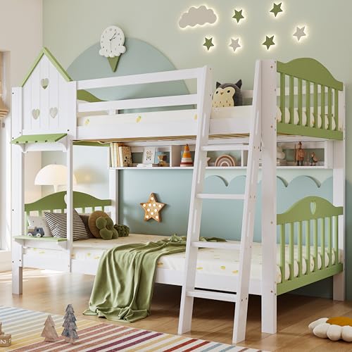 BLUON HOME Etagenbett, Kinderbett mit Fallschutz und Gitter, Mit Dach und Fenster, Offenes Regal, Exquisiter Massivholzzaun, Mit vierstufiger Leiter, Massivholzrahmen, Kiefer+MDF, Weiß+Grün, 90x200cm BLUON HOME Etagenbett, Kinderbett mit Fallschutz und Gitter, Mit Dach und Fenster, Offenes Regal, Exquisiter Massivholzzaun, Mit vierstufiger Leiter, Massivholzrahmen, Kiefer+MDF, Weiß+Grün, 90x200cm von BLUON HOME