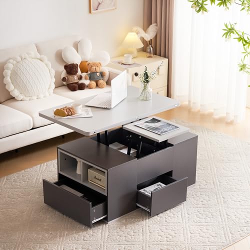 BLUON HOME Hebbarer Multifunktions-Couchtisch - Tischplatte öffnet Sich zu 2 Tischen, Large Storage, Mobile Modern Center Table for Living Room or Office, Dark & Light Grey Finish von BLUON HOME