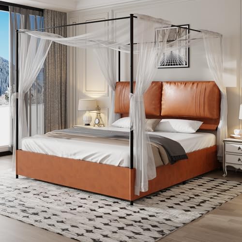 BLUON HOME Luxus Polsterbett,Modernes Doppelbett mit 2 weichen Lederkissen, stabilem Metallrahmen, 4 abnehmbaren Lederfüßen,kein Boxfeder,Leichter High-End-Stil (Brown, 180 * 200cm) von BLUON HOME