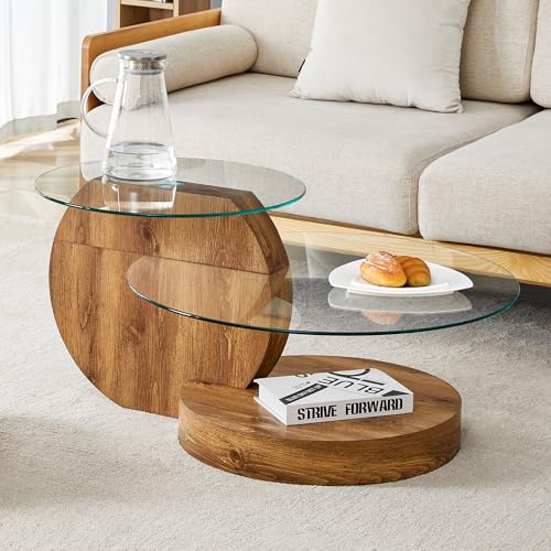 BLUON HOME Moderner Couchtisch aus gehärtetem Glas, mehrschichtig, MDF-Unterstützung, mit natürlichen Holz-Textur-Aufklebern von BLUON HOME
