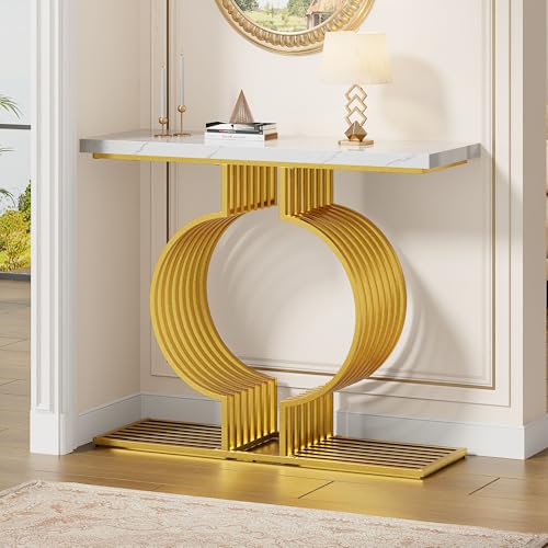 BLUON HOME Moderner Weißer hochglänzender Konsolentisch – 100 x 30 x 80 cm Kaffeetisch mit Goldener Metallbasis, Zwei Einbaumöglichkeiten, Eingangstisch für Wohnzimmer oder Flur von BLUON HOME