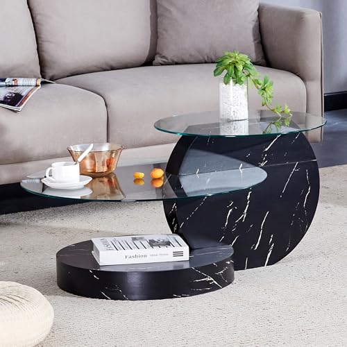 BLUON HOME Moderner minimalistischer gehärteter Glas-Couchtisch, mehrschichtiges Design, hochwertiges MDF-Material als Unterstützung, mit schwarzen Textur-Aufklebern von BLUON HOME