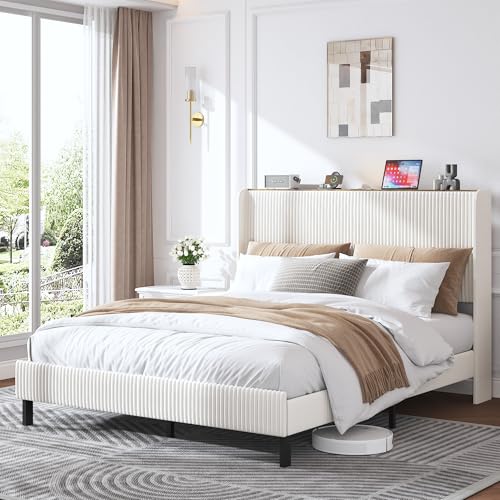 BLUON HOME Polsterbett,Stoffbett mit Flügelkopfteil, Metallrahmen mit Lattenrost, modernes Plattformbett ohne Boxspring (Beige+Cream, 160 * 200cm) von BLUON HOME