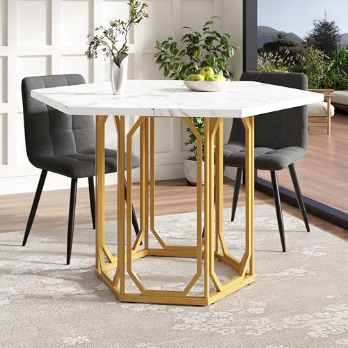 BLUON HOME Sechseckiger Küchentisch/Frühstückstisch – Marmortisch mit goldfarbenen Metallbeinen und Tischplatte in Marmormuster, (1 Stück), 110,2 × 95,4 × 75,5 cm (L × B × H) von BLUON HOME