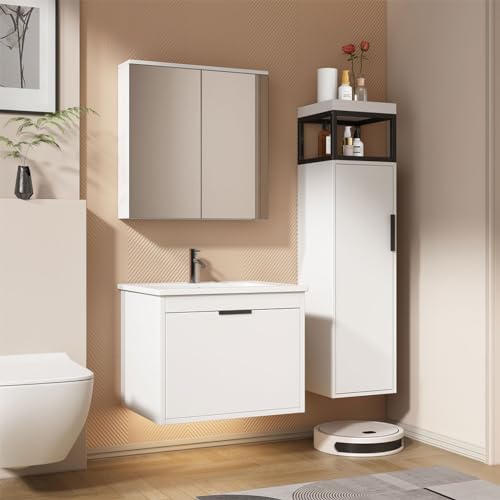 BLUON HOME Waschbeckenunterschrank hängend 60cm breit,mit Keramikwaschbecken,Spiegelschrank,weiß (DREI Sätze) von BLUON HOME