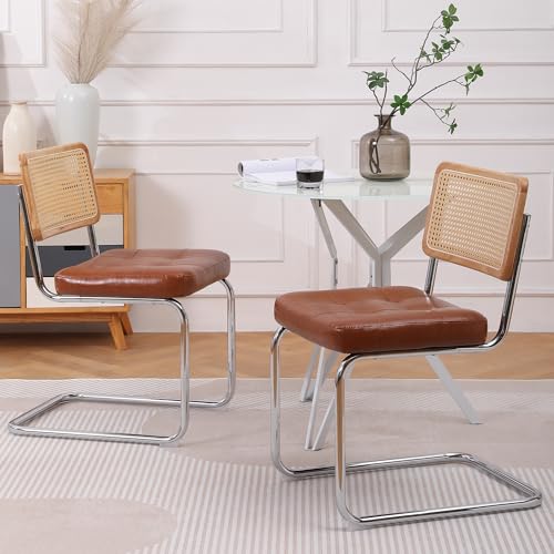 Mittelalterliche moderne Esszimmerstühle, ein Satz von 2-Rattan Esszimmerstühlen mit weichen gepolsterten Kunstlederelementen, armlose Mesh Rückenlehne Rattan Stühle, Metall Chrom Beine(brown) von BLUON HOME