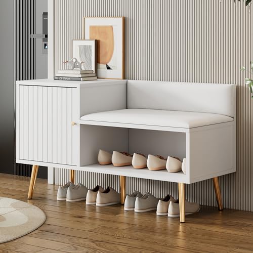 Moderne luxuriöse Schuhtruhe in Weiß mit Stauraum, gepolsterter Sitzbank und Rückenlehne - Schuhregal mit Metallgriffen und Metallbeinen - Perfekt für den Eingangsbereich - Maße: B100/T40/H58 cm von BLUON HOME