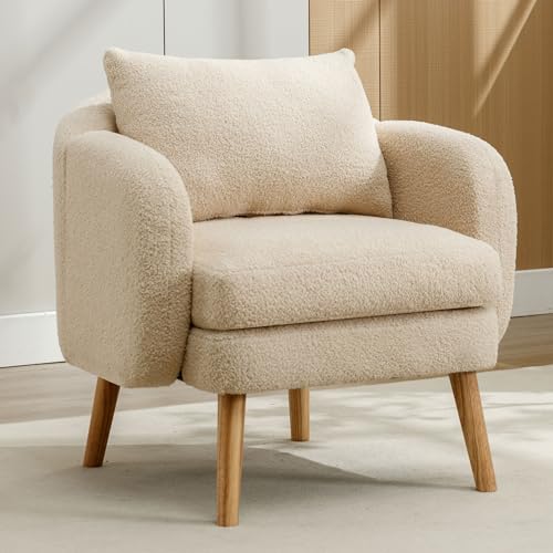 Moderner minimalistischer Teddy Samt Einzelsessel mit Kissen, ultra dicker weicher Kissen Freizeitstuhl, bequemer Einzelsessel, Massivholz Beinstütze, gewidmet für Wohnzimmer und Schlafzimmer von BLUON HOME