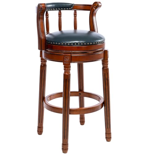 Rinderleder Holz Bar Stohl, 360 Grad drehbarer Bar Stuhl, mit Rückenlehne, geeignet für Heimküche, moderner Bar Stuhl von BLUON HOME