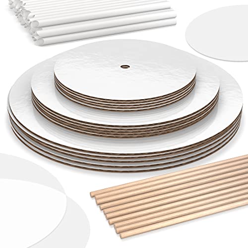 BLUSHORE Cake Boards Tiering Kit – Cake Board 25,4 cm, 20,3 cm und 15,2 cm (je 5 Stück) Pergamentpapier, Holzdübel und Strohdübel – Papp-Kuchenrunden, Stapelset [130 Stück] von BLUSHORE