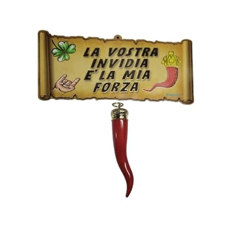 Holzschild 29 x 13 cm mit oder ohne Horn 14 cm Spruch Ihr Neid ist meine Glückskraft gegen die Jiella pulcinella Napoli Hörner buckelig von BLUSUPERSHOP
