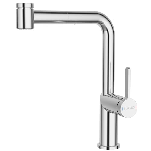 BLYLUND Küchenarmaturen, Wasserhahn Küche 360° Drehbar Küchenarmatur mit Brause Ausziehbar Zwei Strahlarten，L Form Armatur Küche Ausziehbar Chrome von BLYLUND