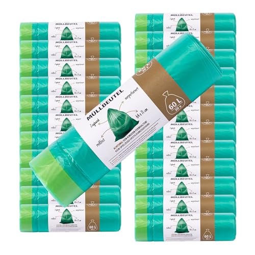BLiX - Müllbeutel 60L | Extra stark & reißfest | Breite Öffnung für einfaches Befüllen | Vielseitig für Haushalt & Büro, Grün, 20 Stück (24er Pack), Kunststoff von BLiX