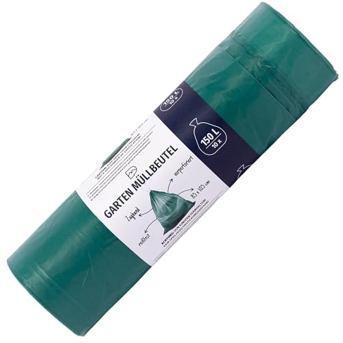 Reißfeste Müllsäcke 150L - 10x BLiX Grüne Garten- und Werkstattabfallsäcke, 85x105cm, 50 µ, 10 Stück pro Rolle, ideal für große Abfallmengen von BLiX