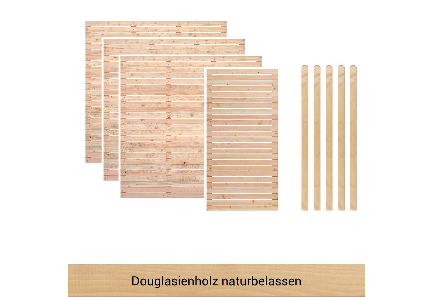 BM Massivholz Zaun Kurt Set 3.1, (Set), 3 Elemente 180 x 180cm, 1 Element 90x180cm, 5 Pfosten, Länge 190cm von BM Massivholz