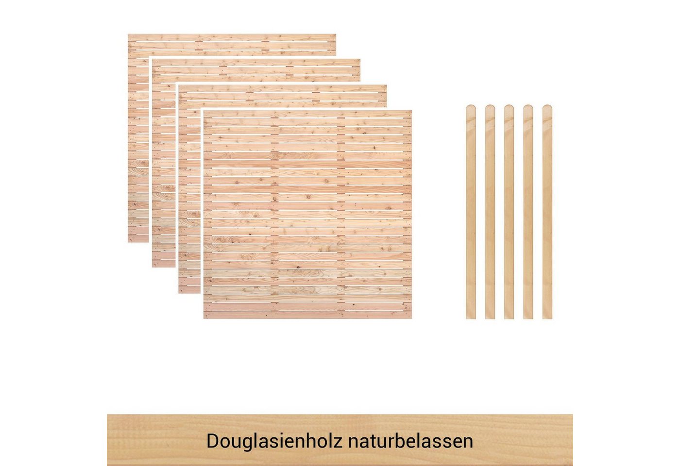 BM Massivholz Zaun Kurt Set 4, (Set), 4 Zaunelemente 180 x 180cm, 5 Pfosten, Kopf gerundet, Länge 190cm von BM Massivholz