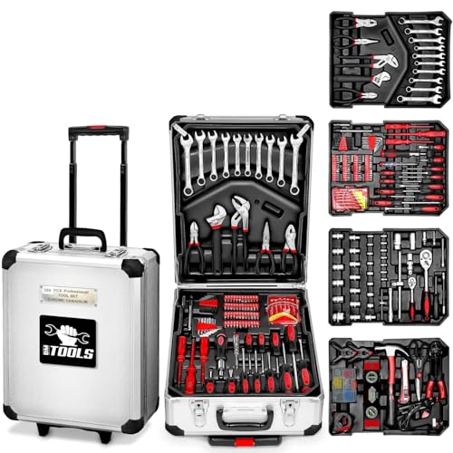 BM TOOLS BMT-399-PCS Werkzeugkoffer aus Chrom-Vanadium, mit Aluminiumkoffer und Teleskopgriff von BM TOOLS