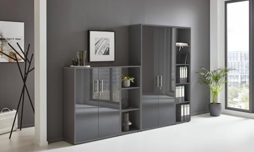 Aktenschrank in Anthrazit Anthrazit Hochglanz lackiert Office Edition abschließbar als Einzelschrank oder Schrankwand Verschiedene Ausführungen (Set 4) von BMG Möbel