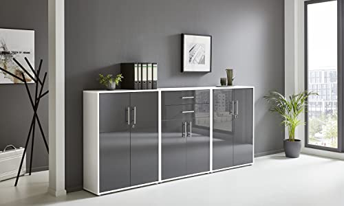 BMG Möbel Aktenschrank Office Edition Set 15, Büroschrank abschließbar mit Metallgriffen Made in Germany (Weiß/Anthrazit Hochglanz) von BMG Möbel