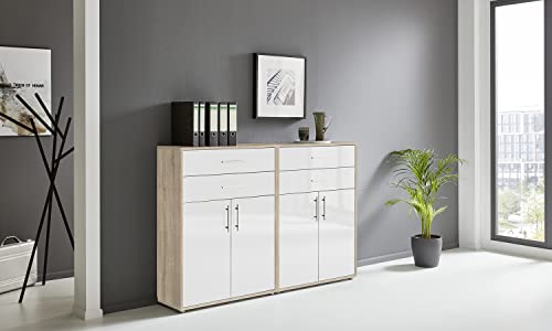 BMG Möbel Aktenschrank Office Edition Set 17, Büroschrank mit Metallgriffen Made in Germany (Eiche Sonoma/Weiß Hochglanz) von BMG Möbel