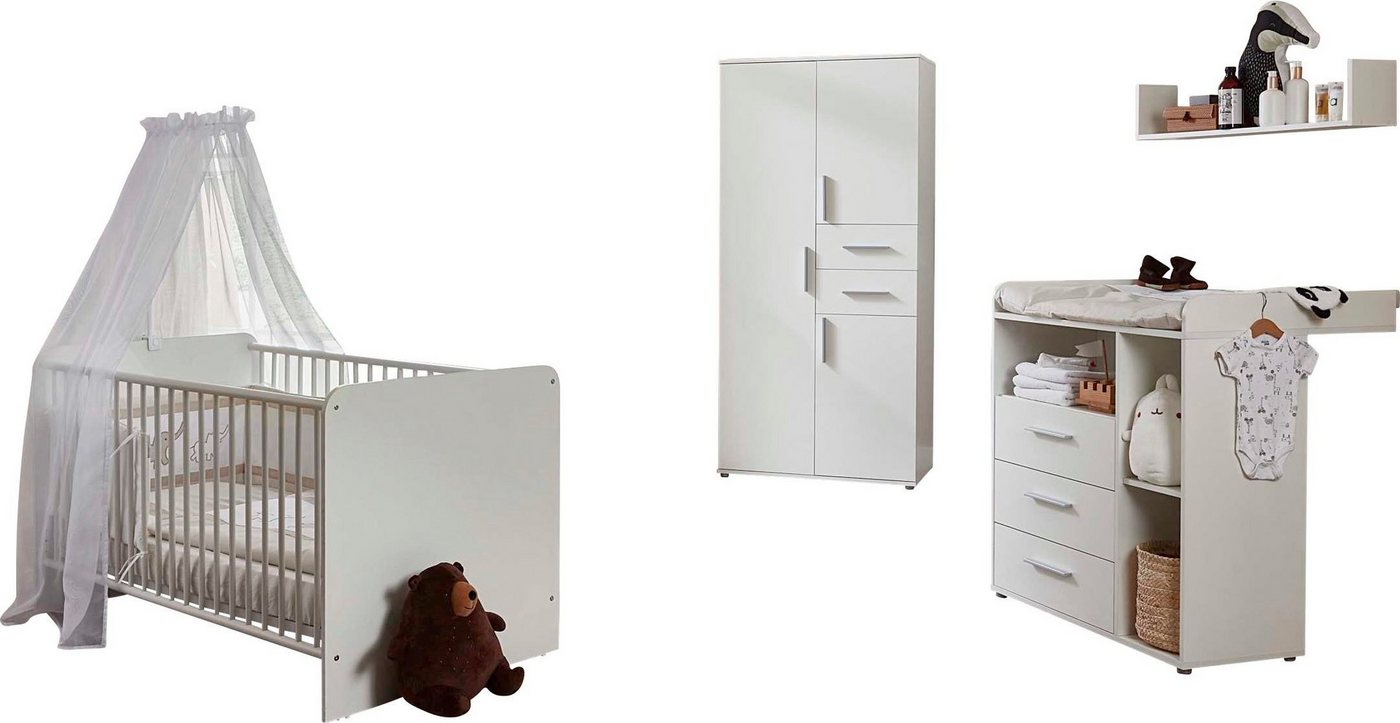 BMG Möbel Babyzimmer-Komplettset Lea, (Set, 4-St., Bett, Wickelkommode, Schrank, Wandboard), Bett + Wickelkommode + 3-trg. Schrank + Wandboard von BMG Möbel