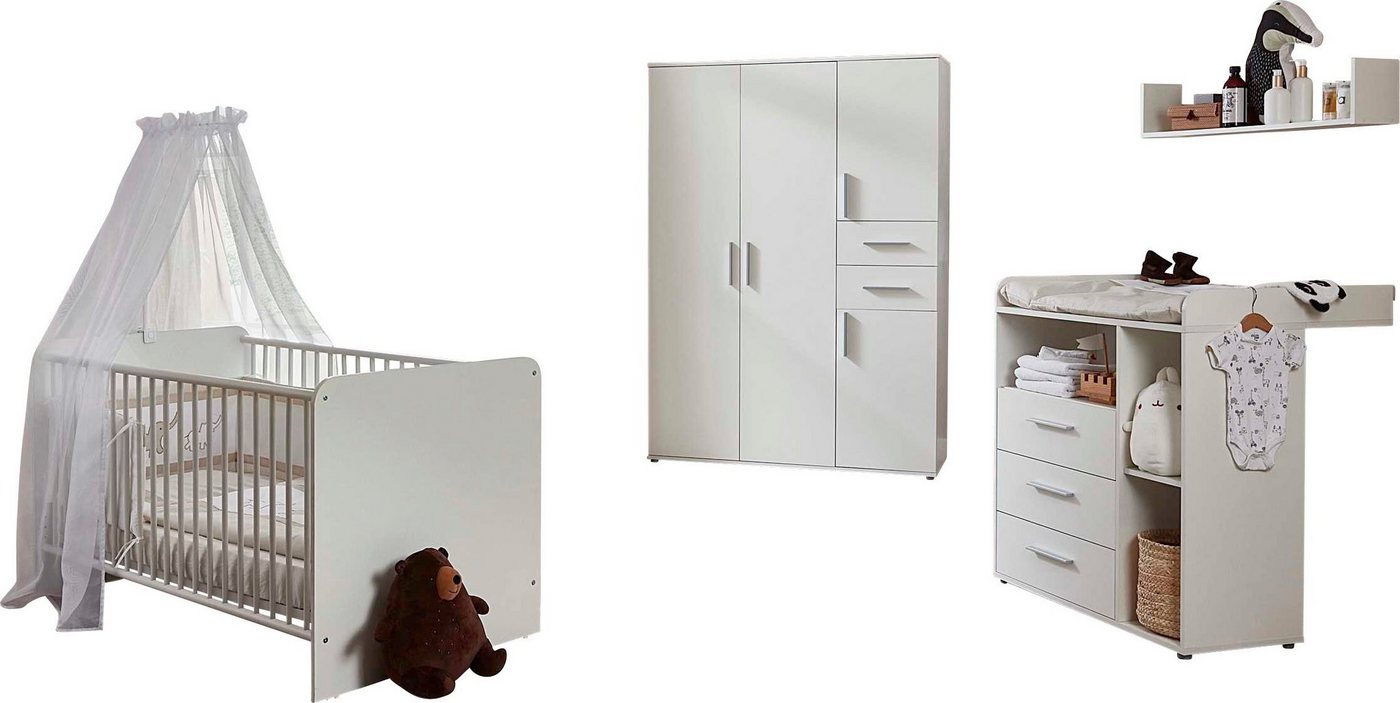 BMG Möbel Babyzimmer-Komplettset Lea, (Set, 4-St., Bett, Wickelkommode, Schrank, Wandboard), Bett + Wickelkommode + 4-trg. Schrank + Wandboard von BMG Möbel